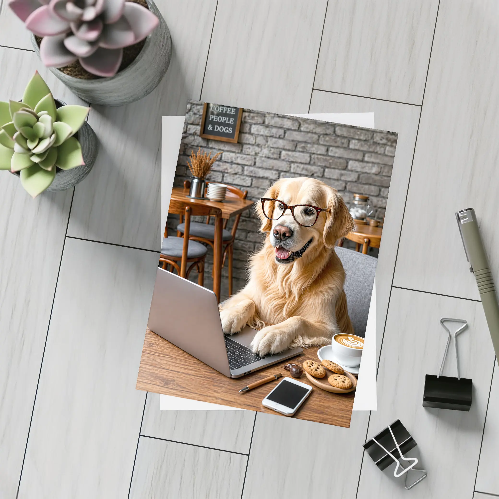 Golden Retriever Working Laptop Cozy Cafe – Postcards