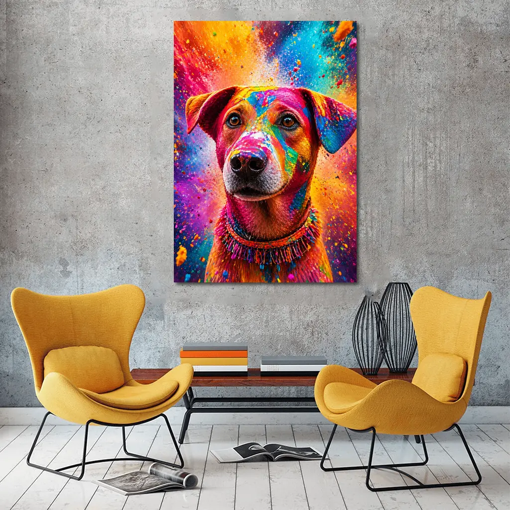 Happy Dog Covered in Colorful Holi Powder – Wall Art