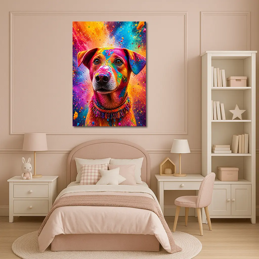 Happy Dog Covered in Colorful Holi Powder – Wall Art