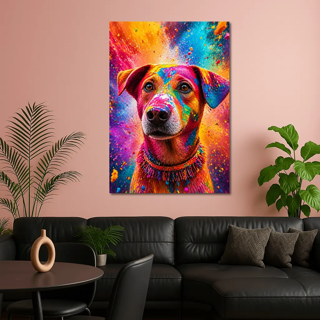 Happy Dog Covered in Colorful Holi Powder – Wall Art