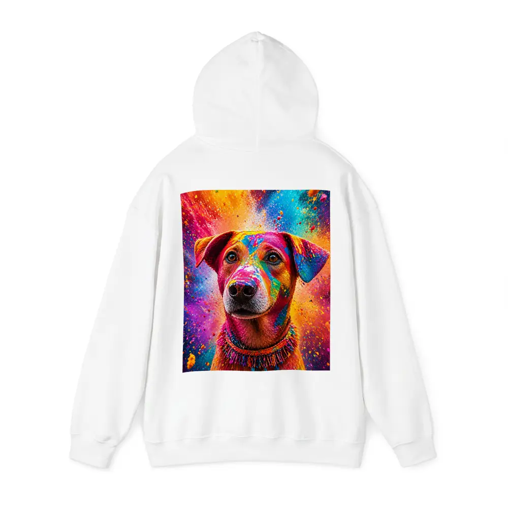 Happy Dog Covered in Colorful Holi Powder – Hoodies