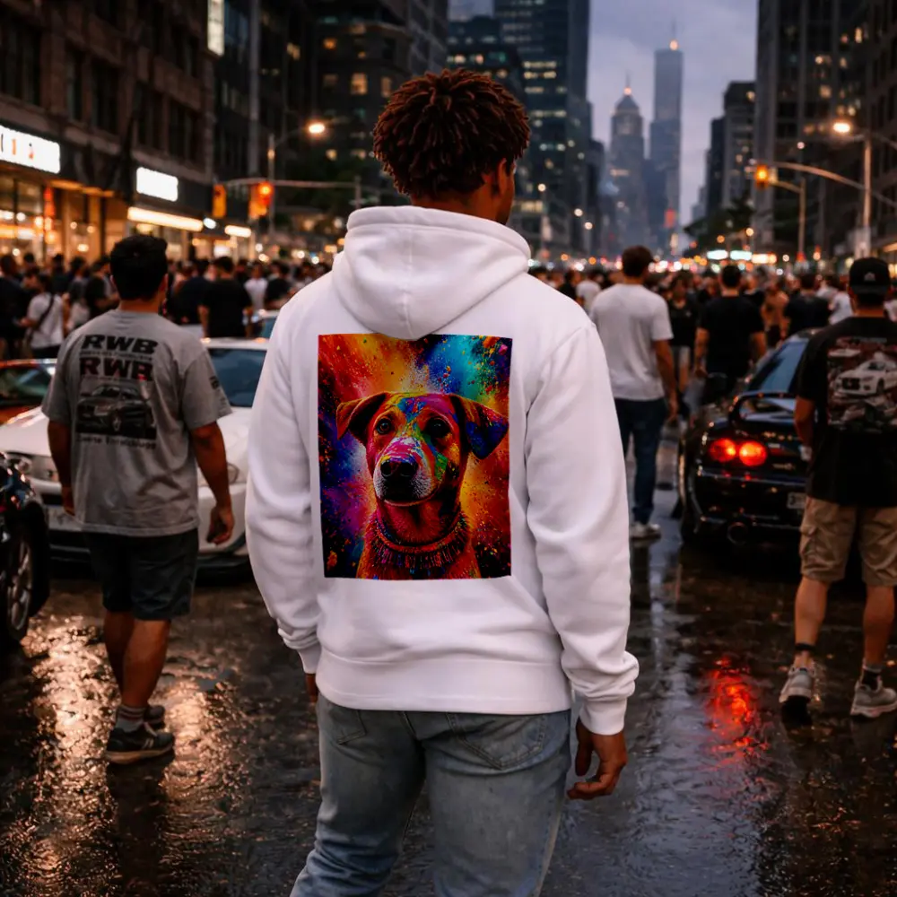Happy Dog Covered in Colorful Holi Powder – Hoodies