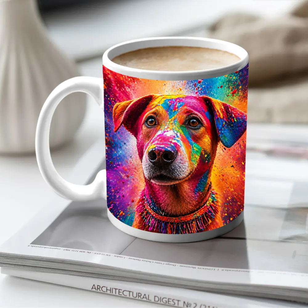 Happy Dog Covered in Colorful Holi Powder – Mugs