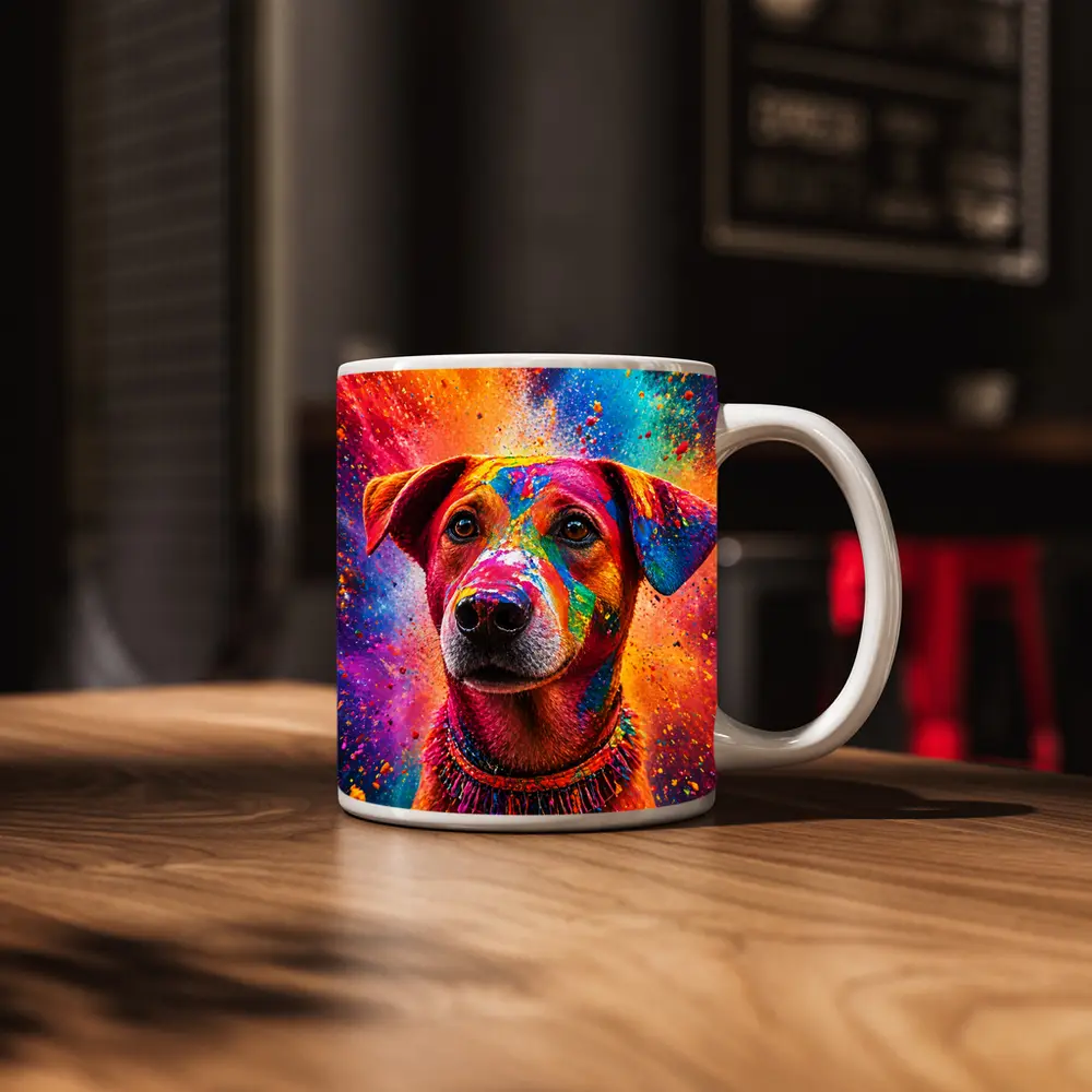 Happy Dog Covered in Colorful Holi Powder – Mugs