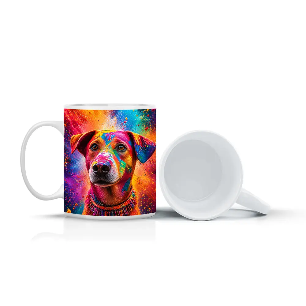 Happy Dog Covered in Colorful Holi Powder – Mugs