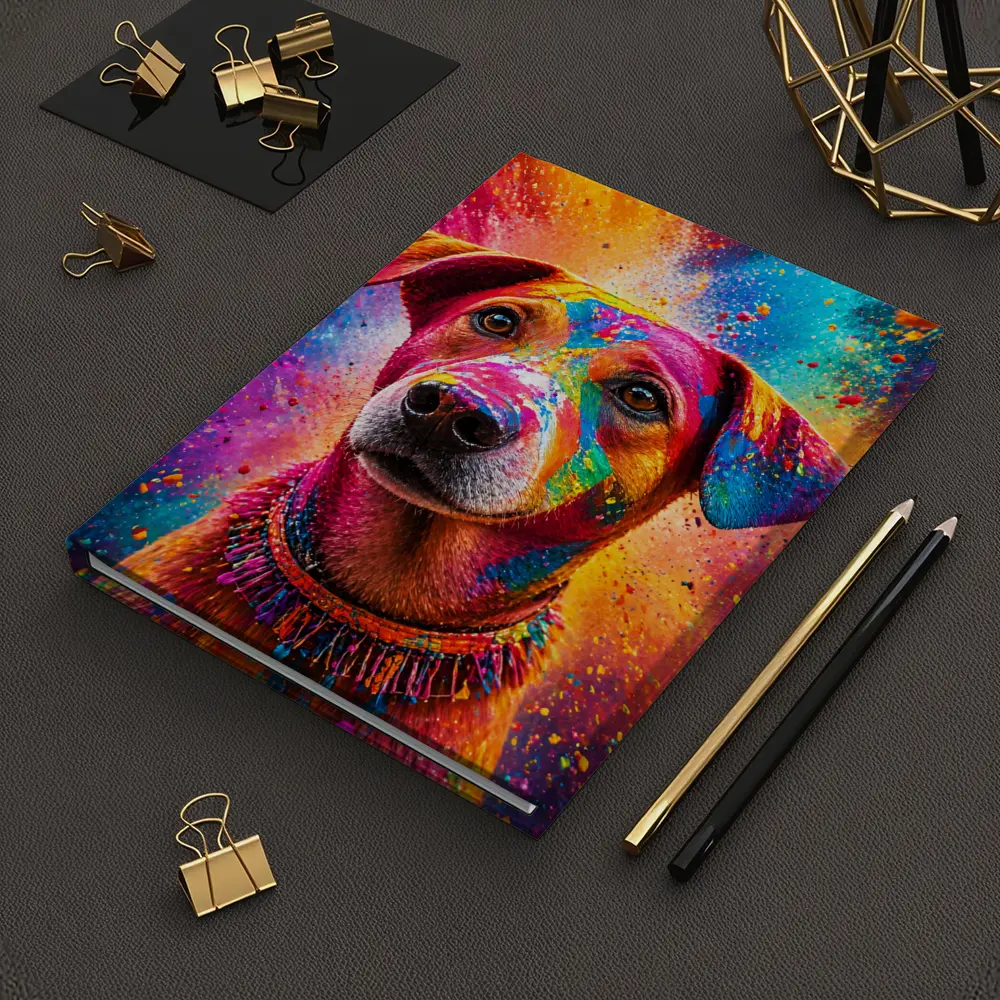 Happy Dog Covered in Colorful Holi Powder – Notebooks