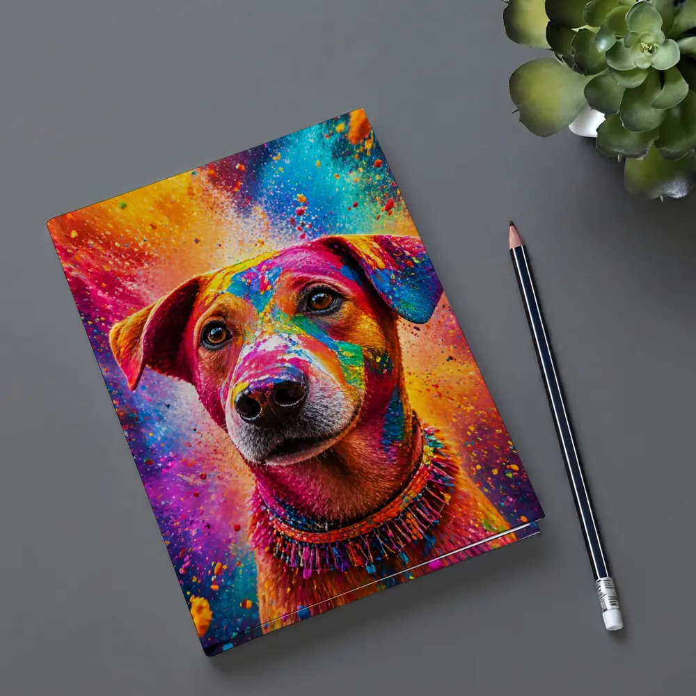 Happy Dog Covered in Colorful Holi Powder – Notebooks