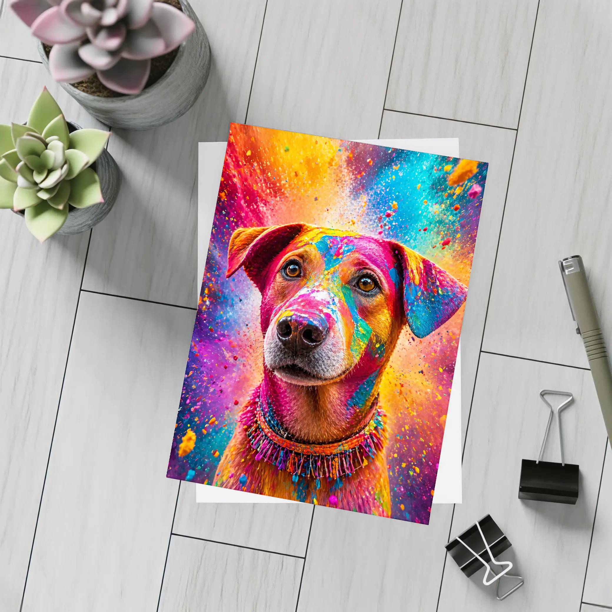 Happy Dog Covered in Colorful Holi Powder – Postcards