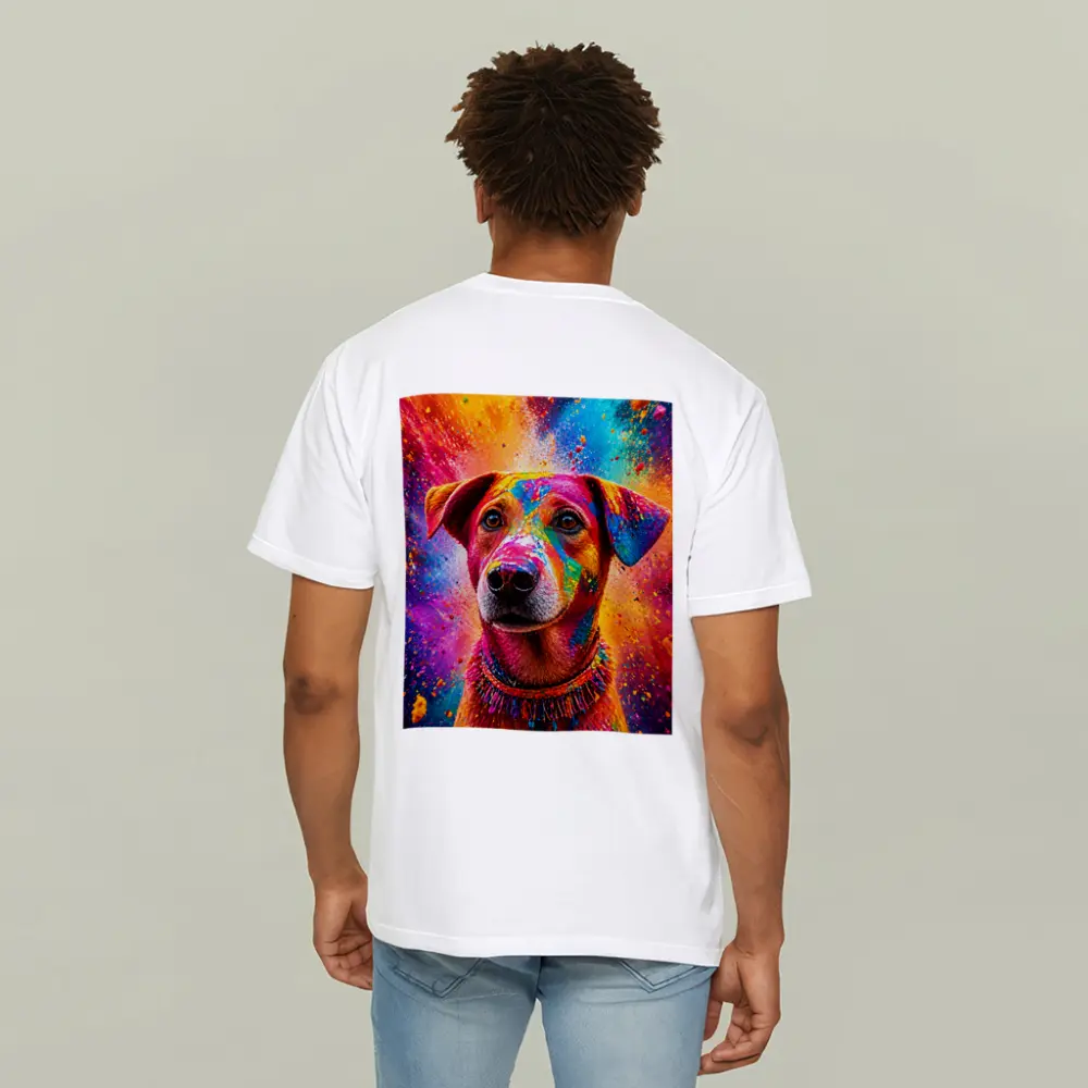 Happy Dog Covered in Colorful Holi Powder – T-Shirts