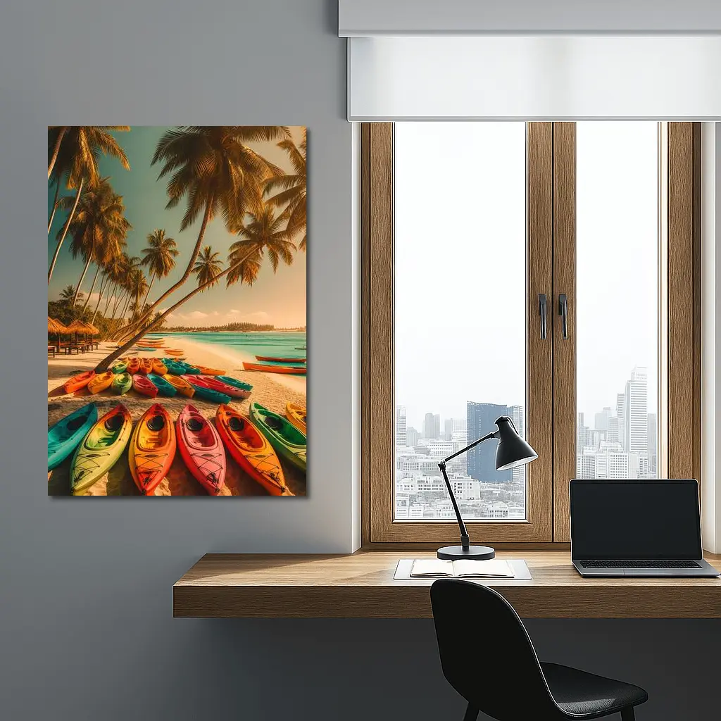 Colorful Kayaks Tropical Beach Palm Trees – Wall Art