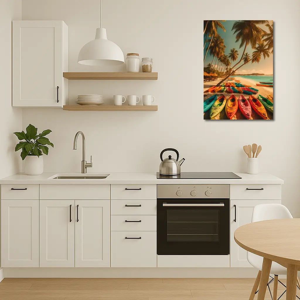 Colorful Kayaks Tropical Beach Palm Trees – Wall Art