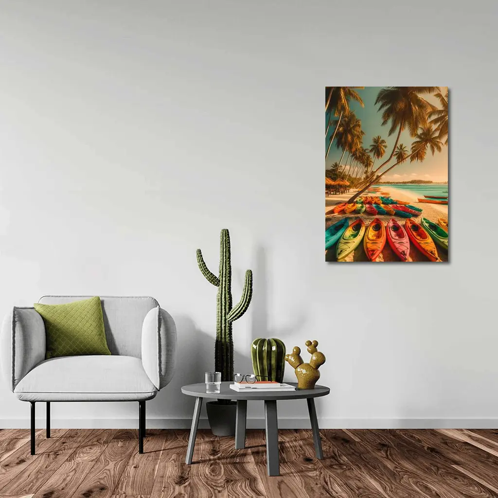 Colorful Kayaks Tropical Beach Palm Trees – Wall Art