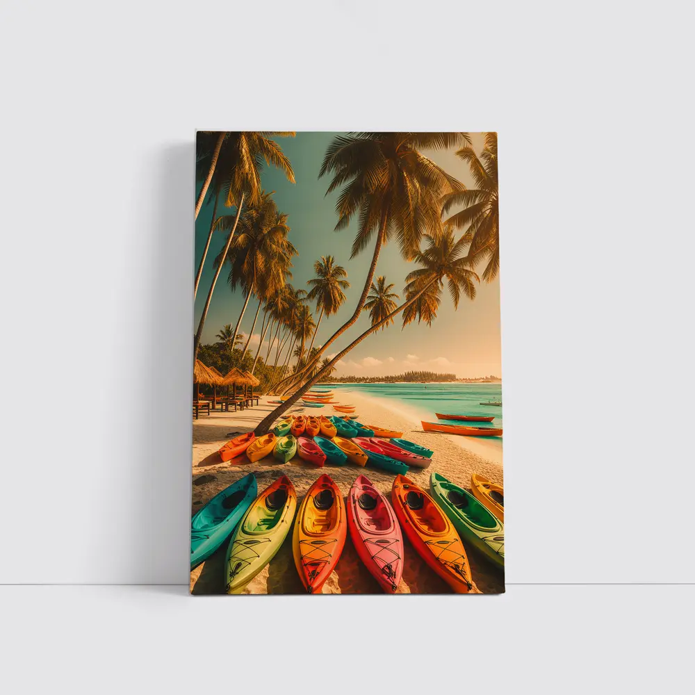 Colorful Kayaks Tropical Beach Palm Trees – Wall Art