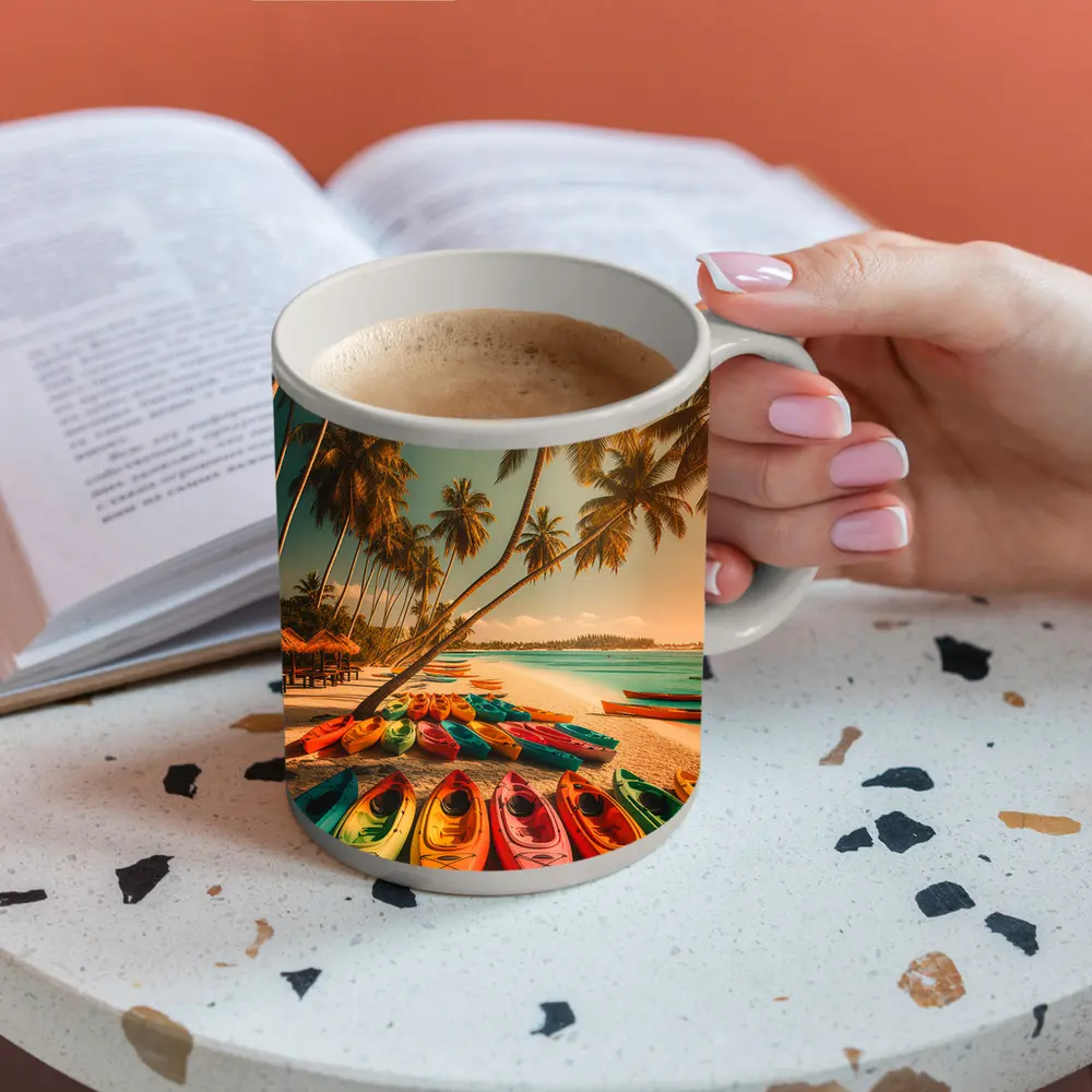 Colorful Kayaks Tropical Beach Palm Trees – Mugs
