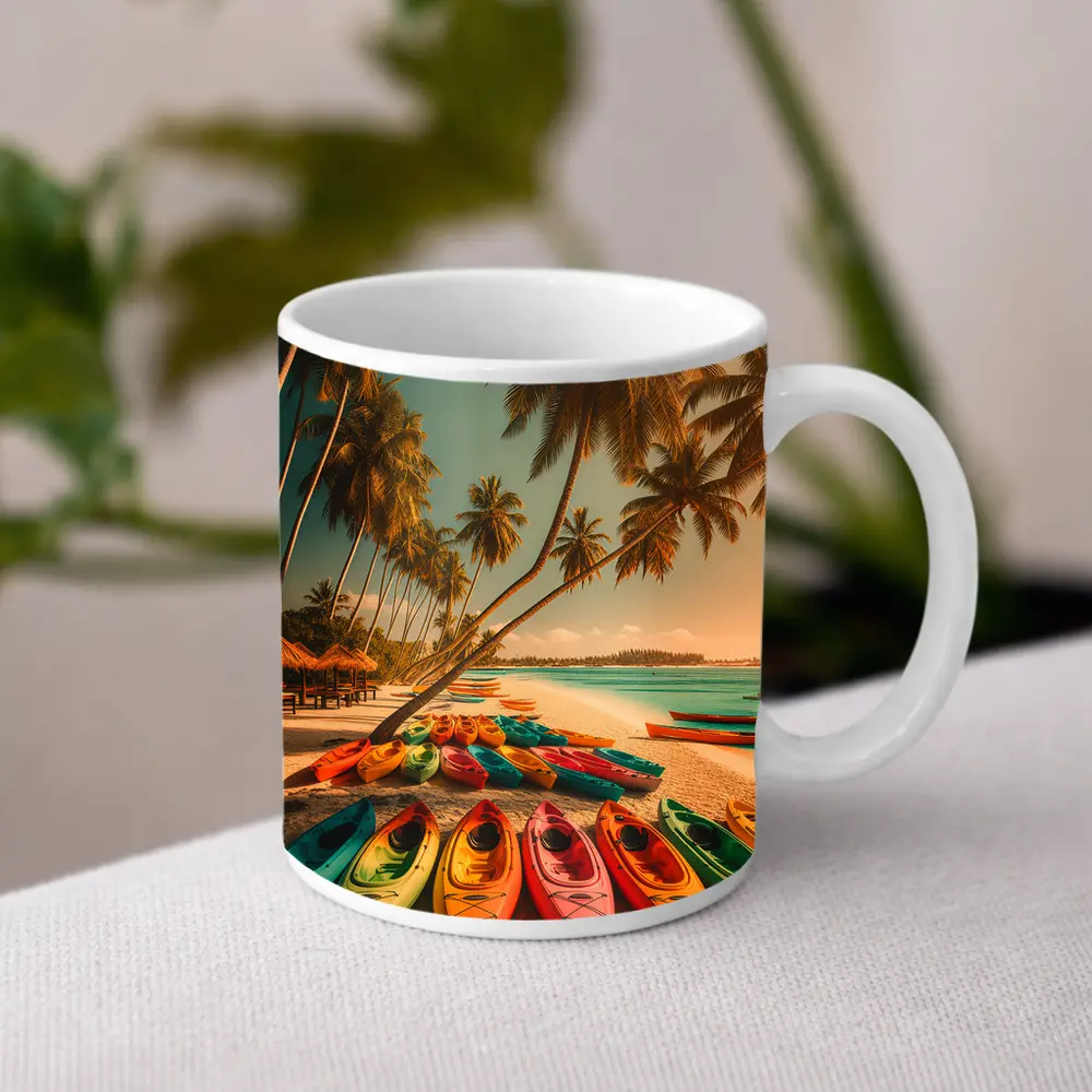 Colorful Kayaks Tropical Beach Palm Trees – Mugs