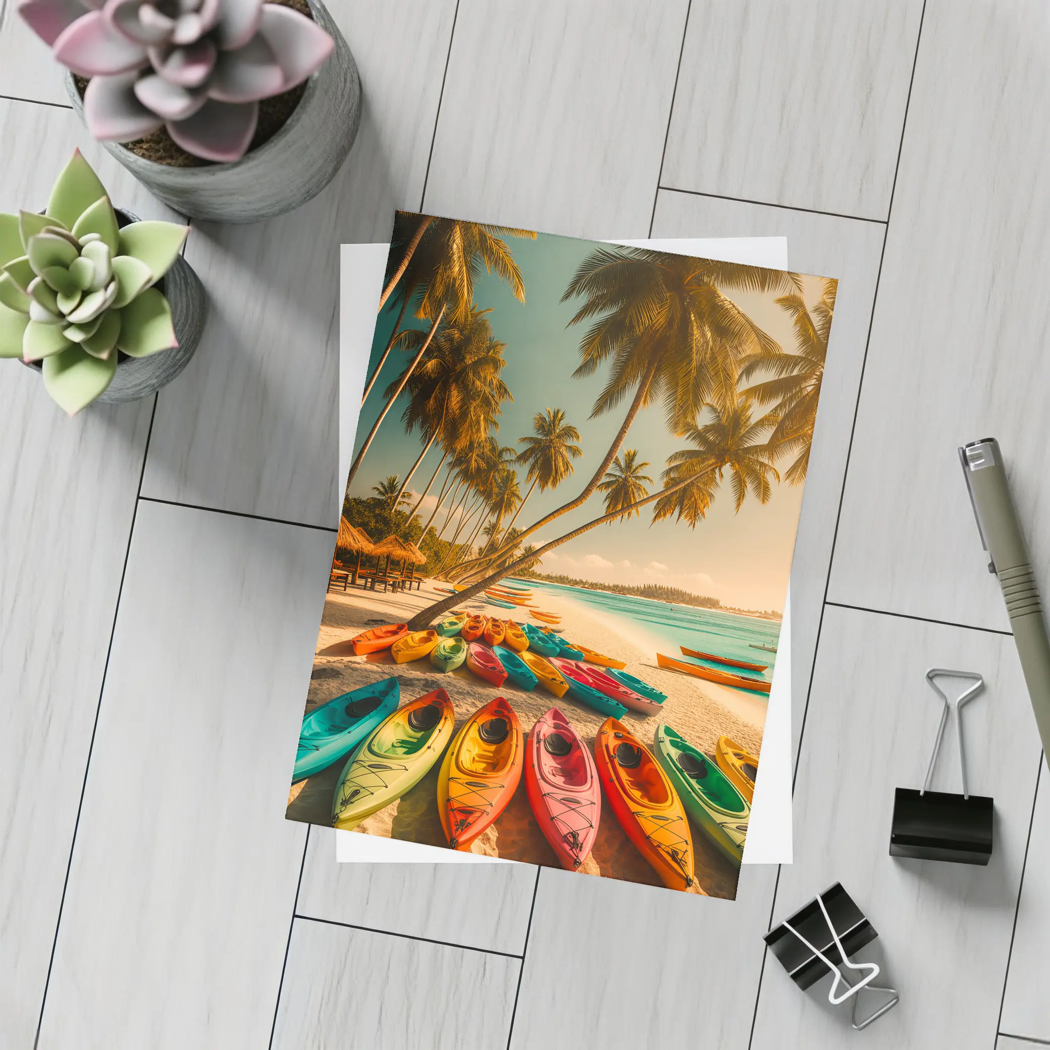 Colorful Kayaks Tropical Beach Palm Trees – Postcards