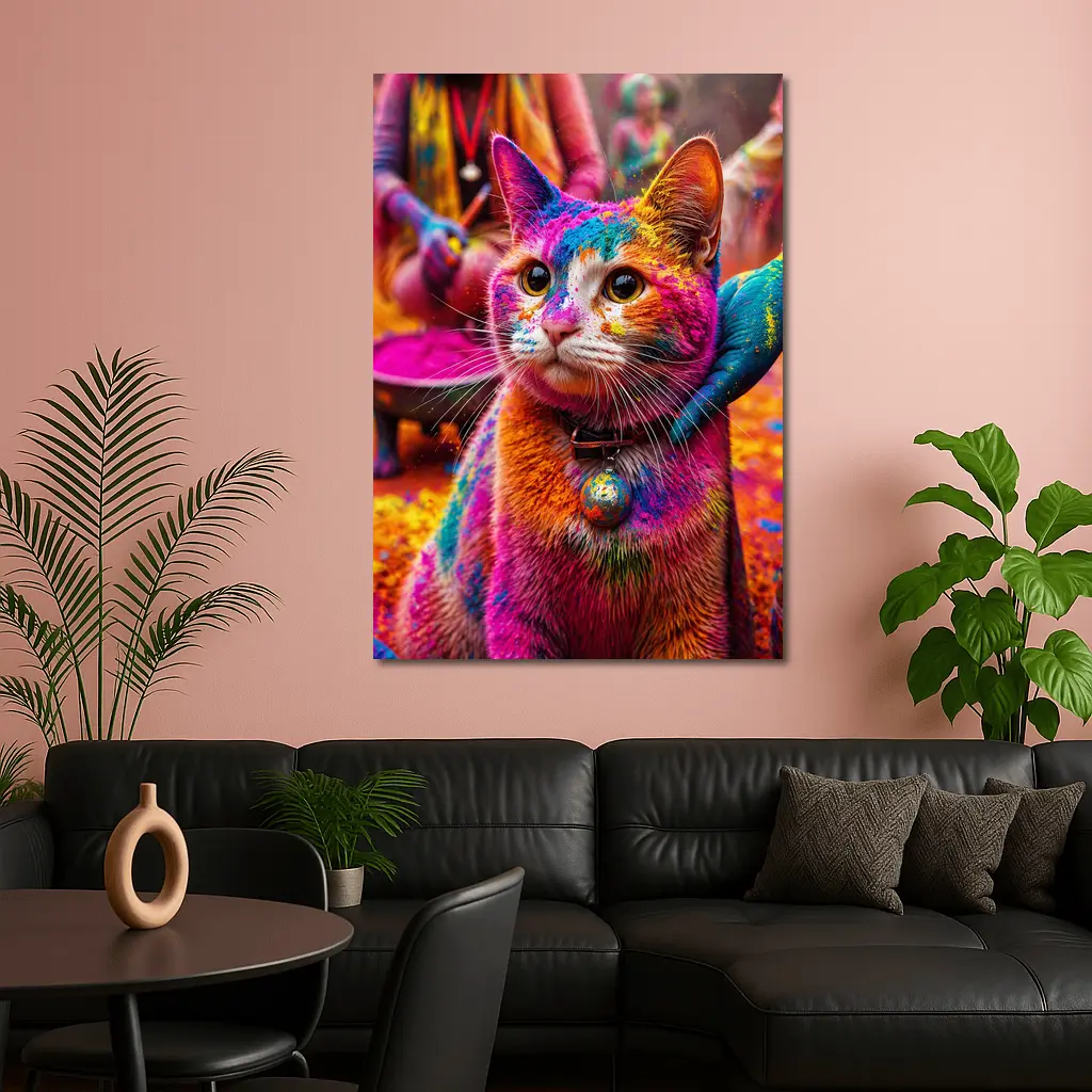 Colorful Cat Covered in Holi Powder – Wall Art