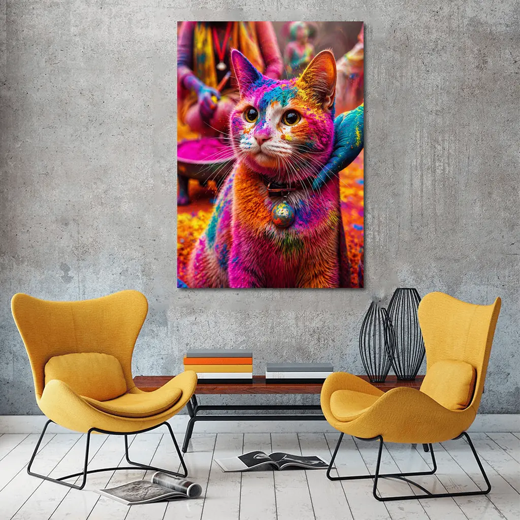 Colorful Cat Covered in Holi Powder – Wall Art