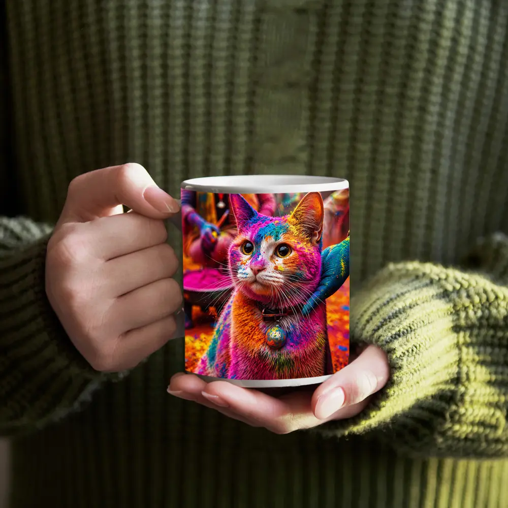 Colorful Cat Covered in Holi Powder – Mugs