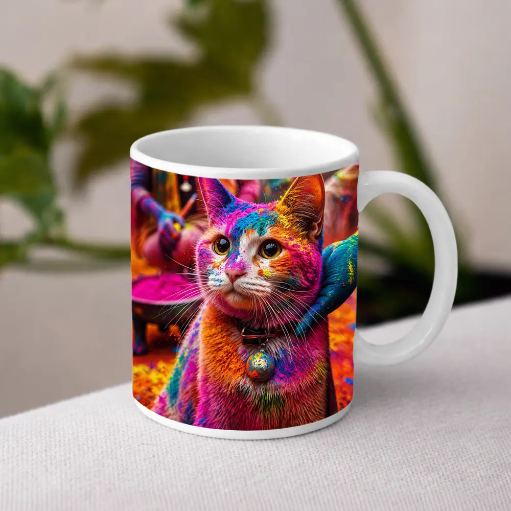 Colorful Cat Covered in Holi Powder – Mugs