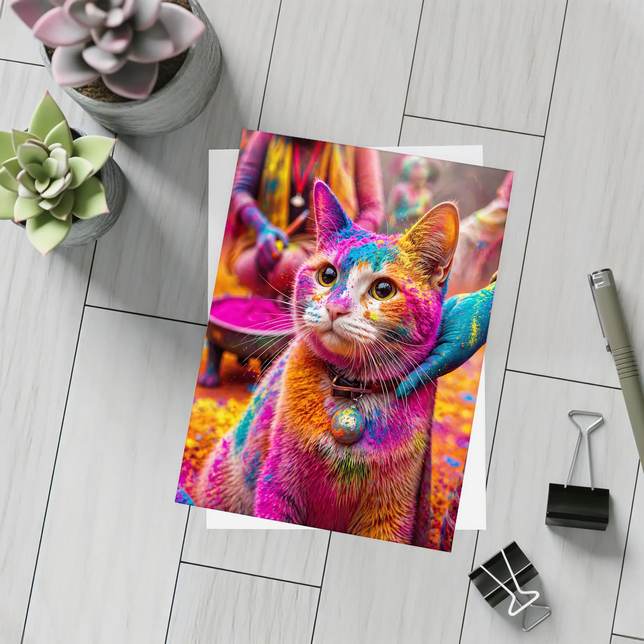 Colorful Cat Covered in Holi Powder – Postcards