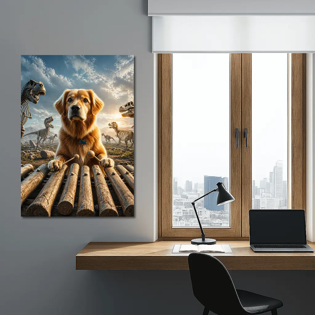 Golden Retriever Playing Xylophone With Dinosaur Skeletons – Wall Art