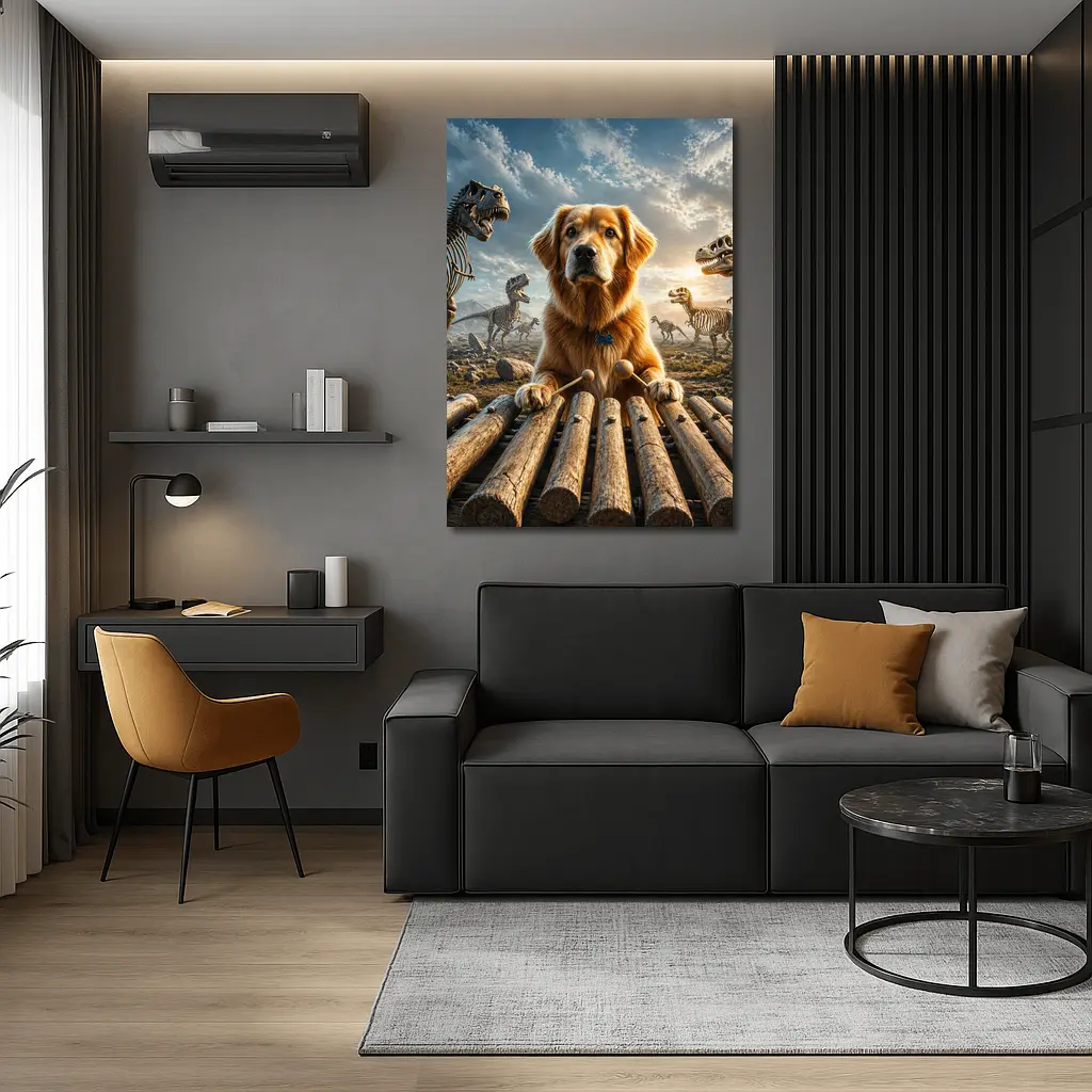 Golden Retriever Playing Xylophone With Dinosaur Skeletons – Wall Art