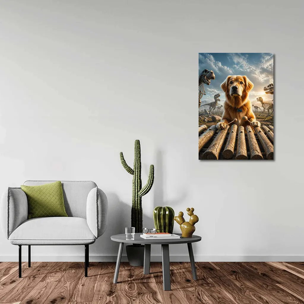Golden Retriever Playing Xylophone With Dinosaur Skeletons – Wall Art