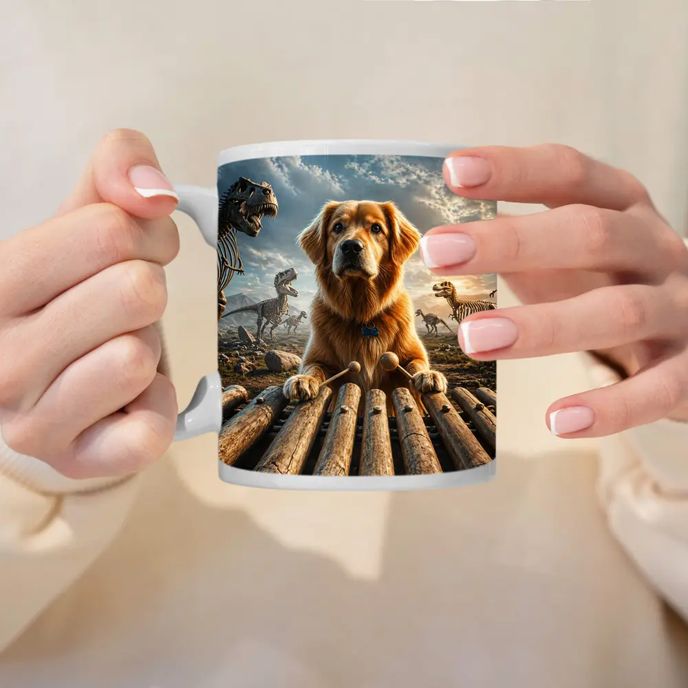 Golden Retriever Playing Xylophone With Dinosaur Skeletons – Mugs