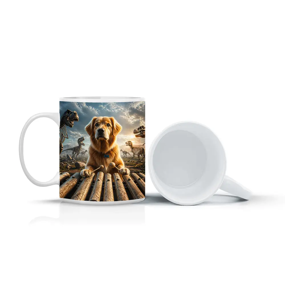 Golden Retriever Playing Xylophone With Dinosaur Skeletons – Mugs