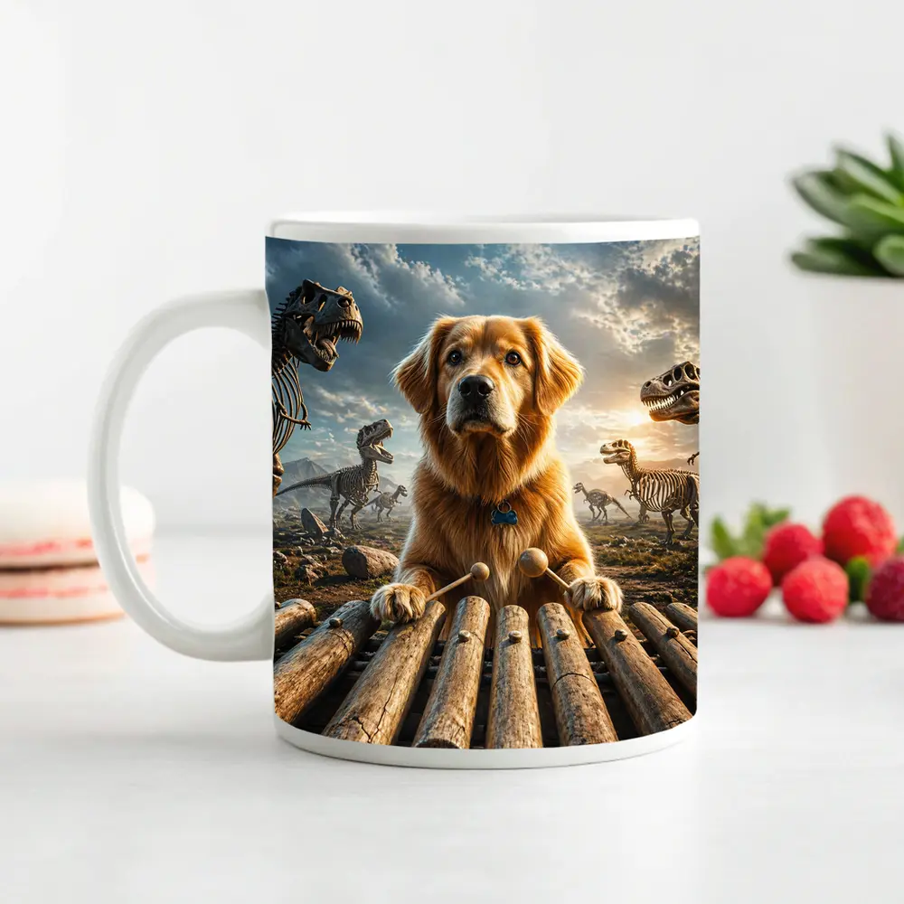 Golden Retriever Playing Xylophone With Dinosaur Skeletons – Mugs