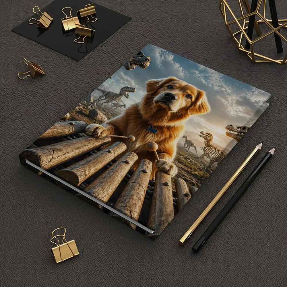 Golden Retriever Playing Xylophone With Dinosaur Skeletons – Notebooks