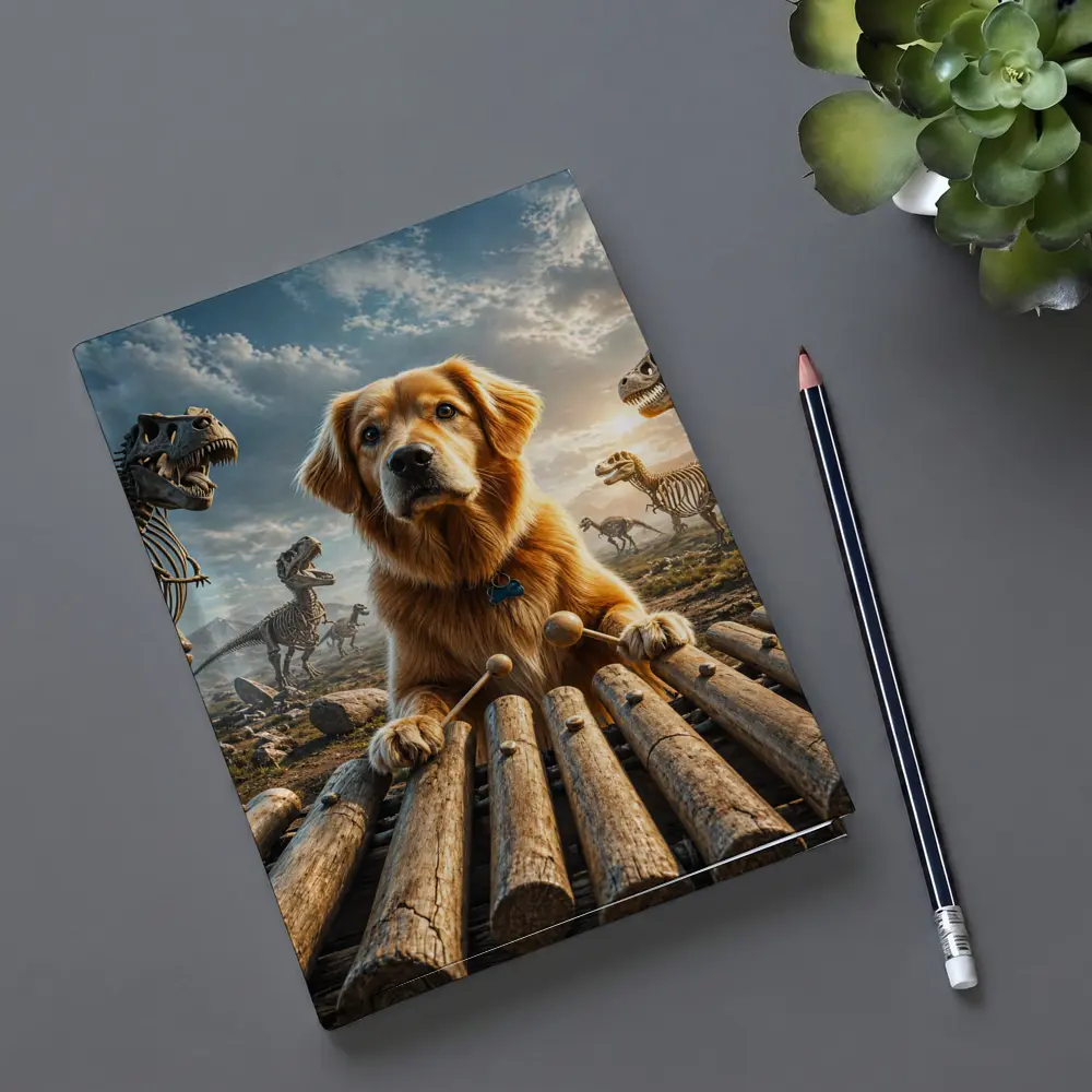 Golden Retriever Playing Xylophone With Dinosaur Skeletons – Notebooks