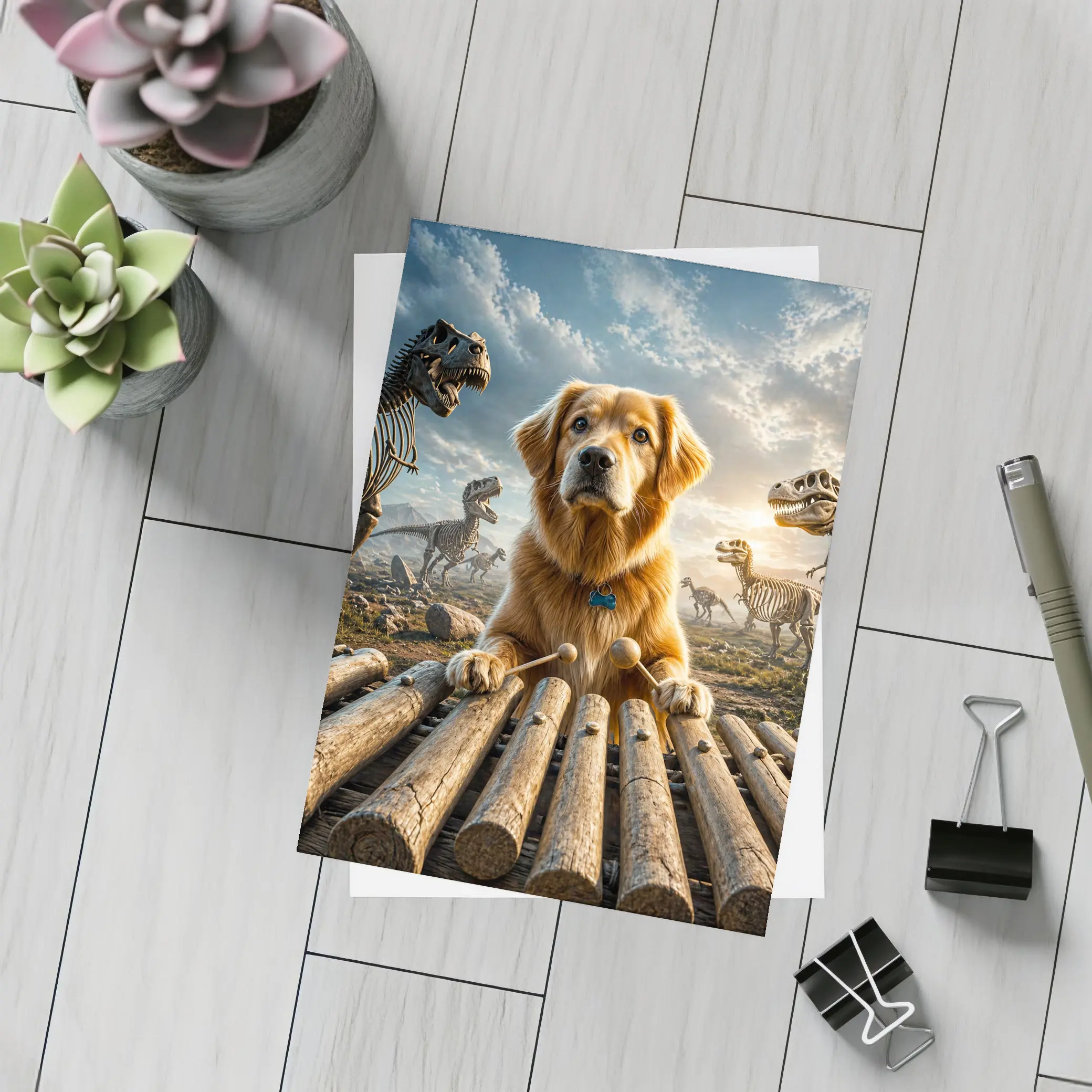 Golden Retriever Playing Xylophone With Dinosaur Skeletons – Postcards
