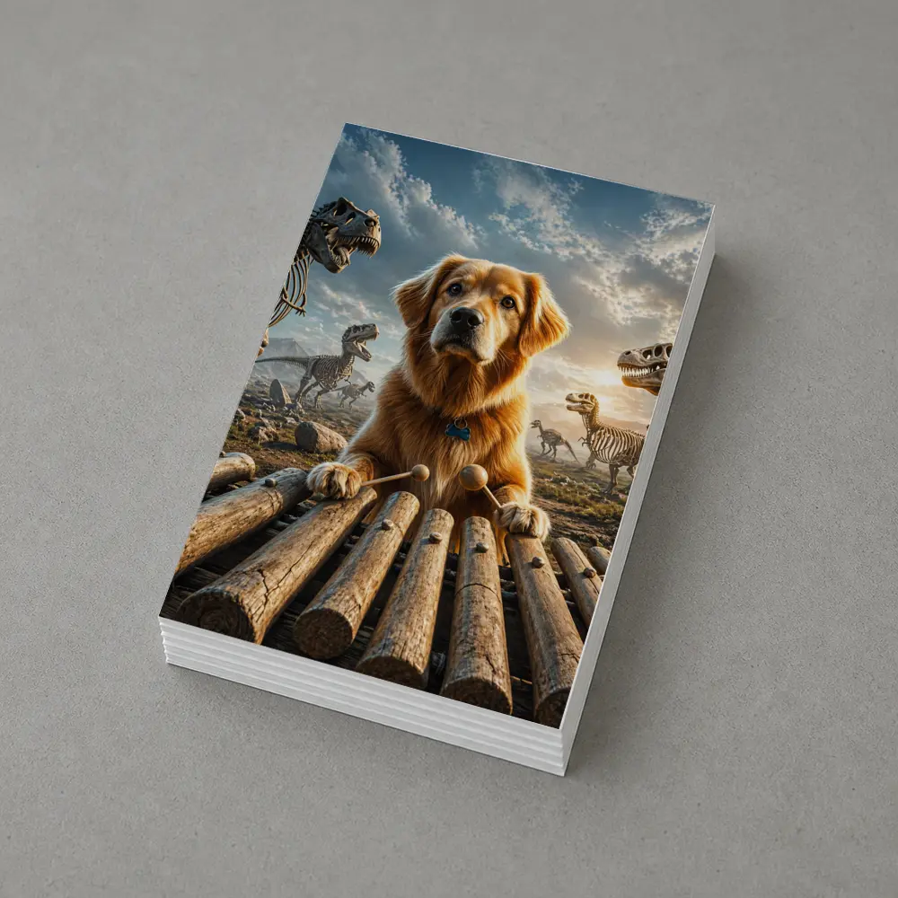 Golden Retriever Playing Xylophone With Dinosaur Skeletons – Postcards