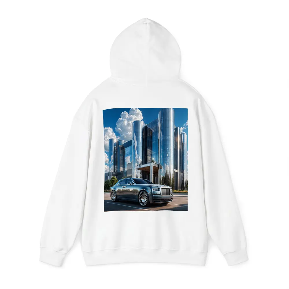 Rolls Royce Ghost Parked Before Glass Tower – Hoodies