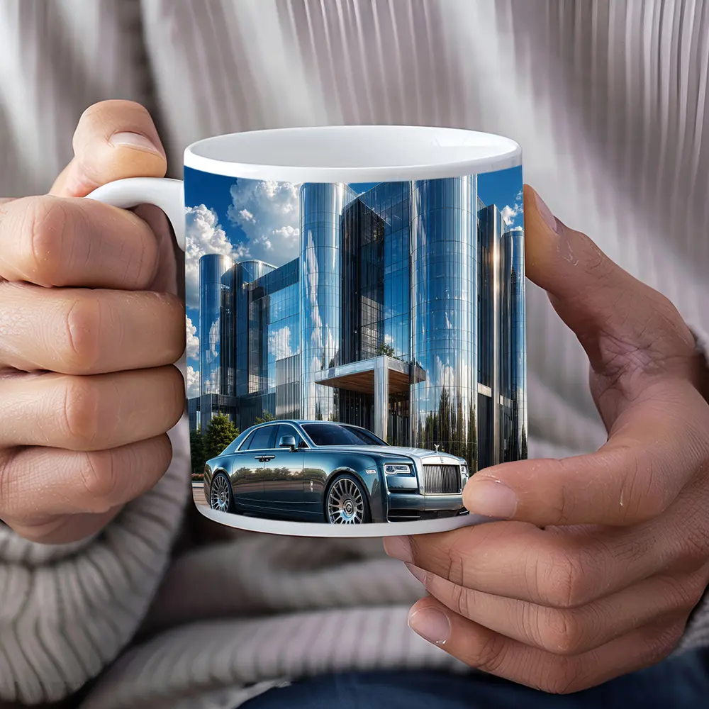 Rolls Royce Ghost Parked Before Glass Tower – Mugs