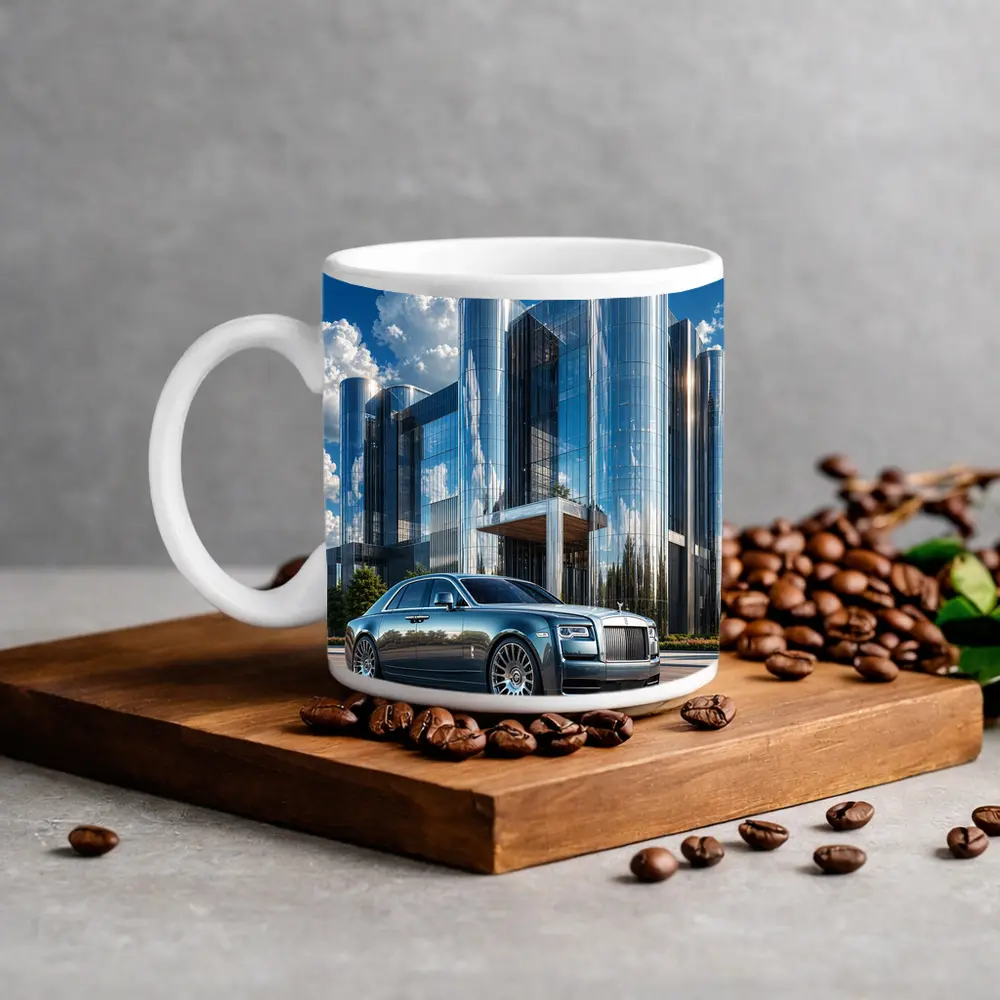 Rolls Royce Ghost Parked Before Glass Tower – Mugs