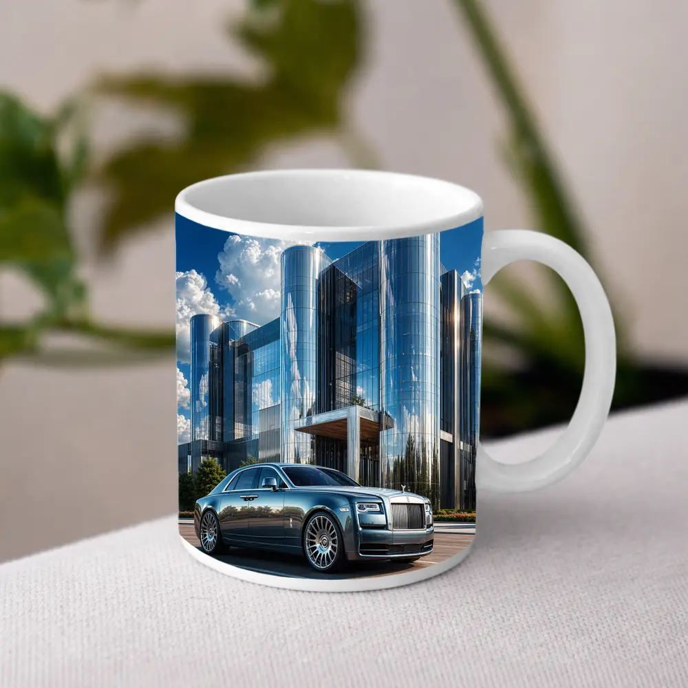 Rolls Royce Ghost Parked Before Glass Tower – Mugs