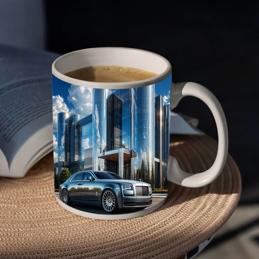 Rolls Royce Ghost Parked Before Glass Tower – Mugs