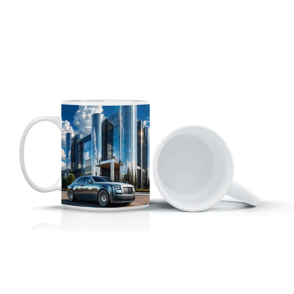 Rolls Royce Ghost Parked Before Glass Tower – Mugs