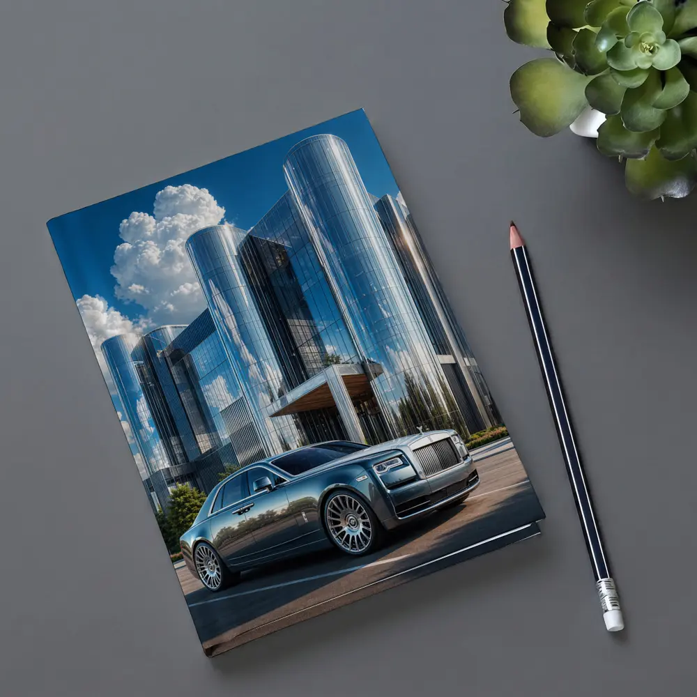 Rolls Royce Ghost Parked Before Glass Tower – Notebooks