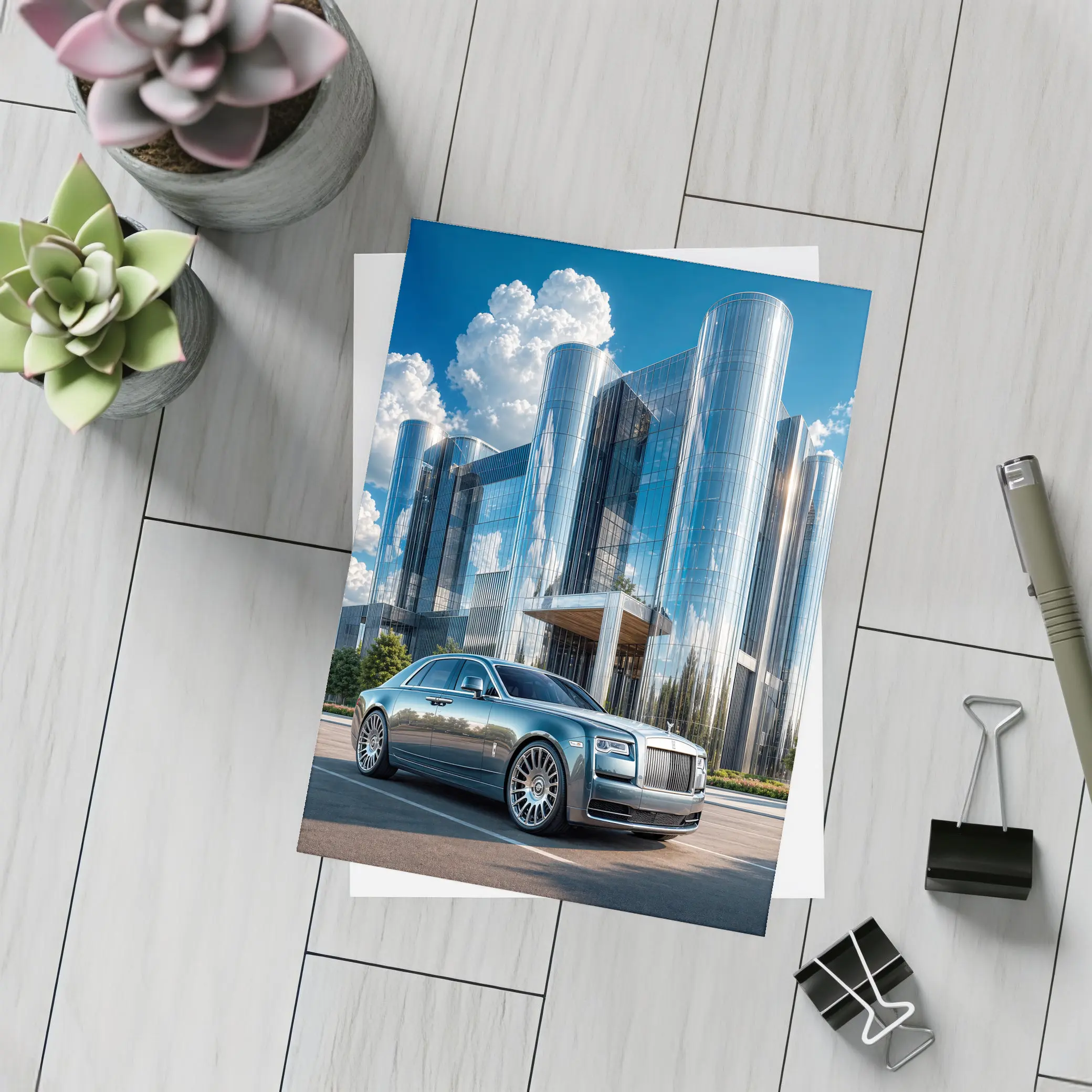 Rolls Royce Ghost Parked Before Glass Tower – Postcards