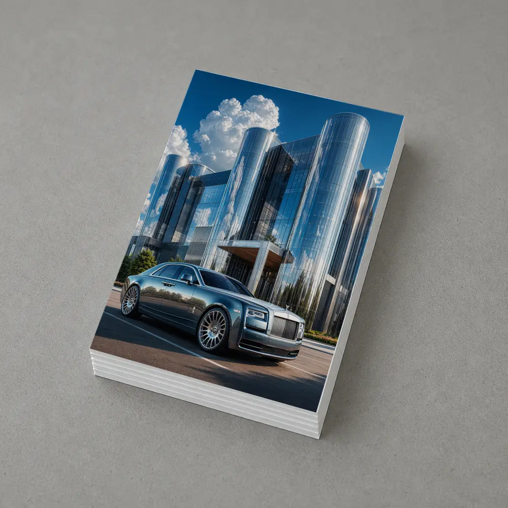 Rolls Royce Ghost Parked Before Glass Tower – Postcards