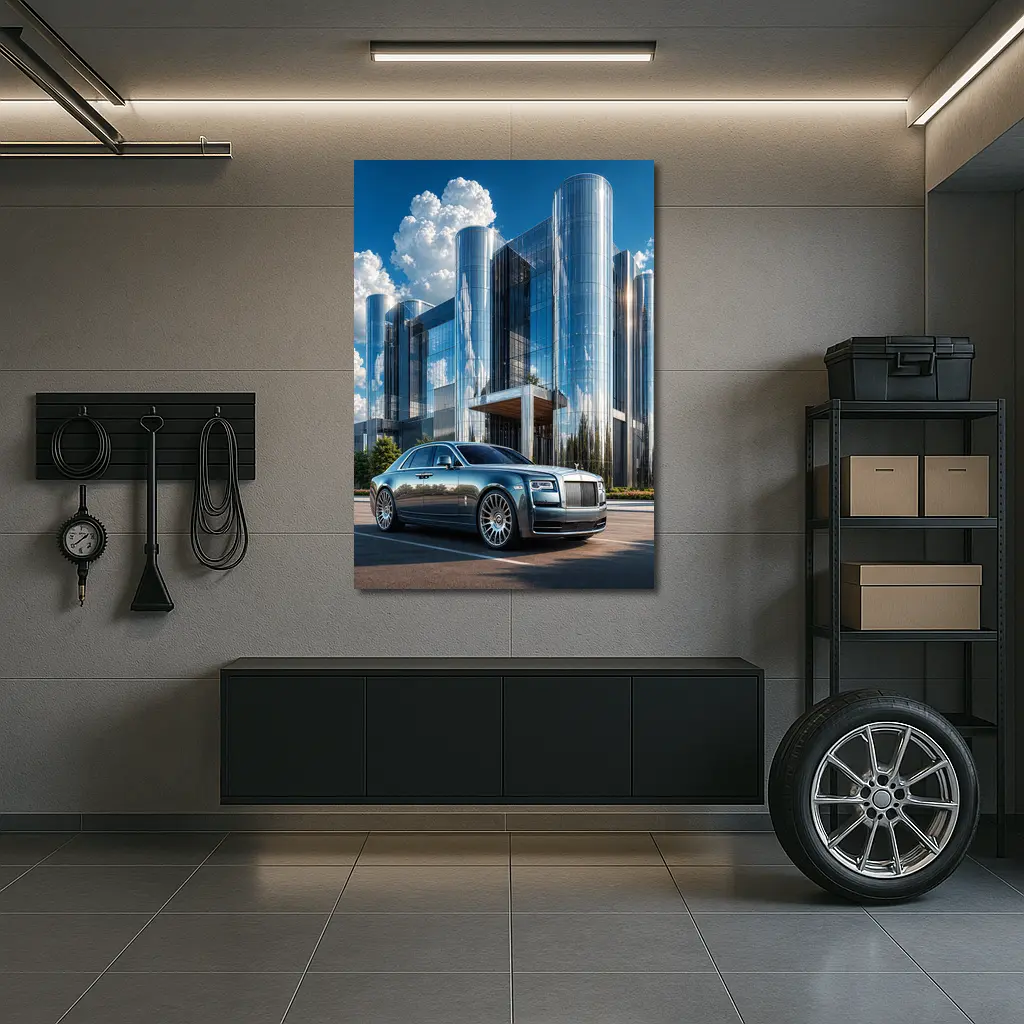 Rolls Royce Ghost Parked Before Glass Tower – Wall Art