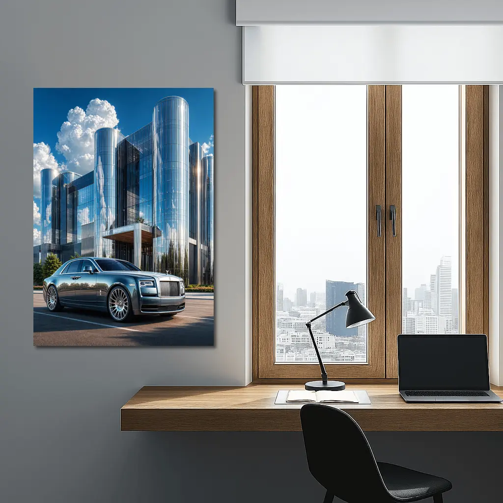 Rolls Royce Ghost Parked Before Glass Tower – Wall Art