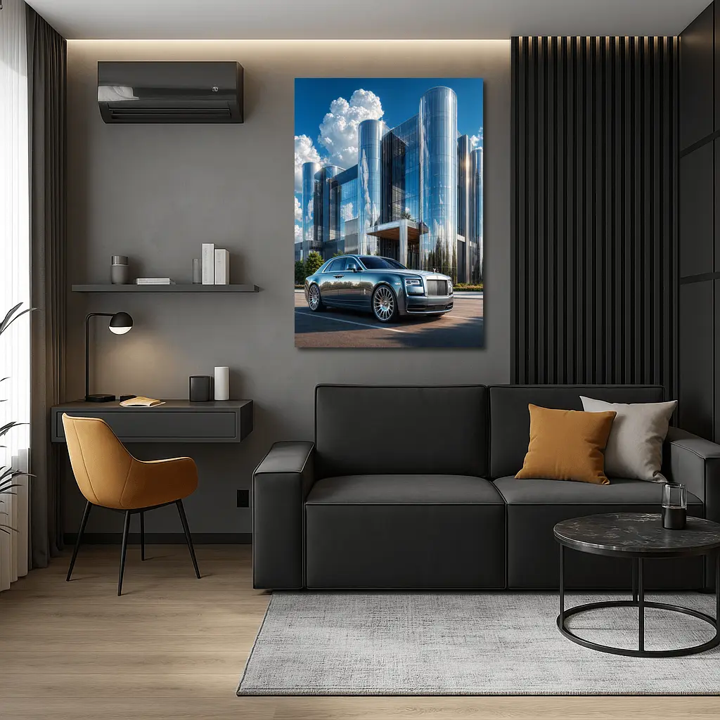 Rolls Royce Ghost Parked Before Glass Tower – Wall Art