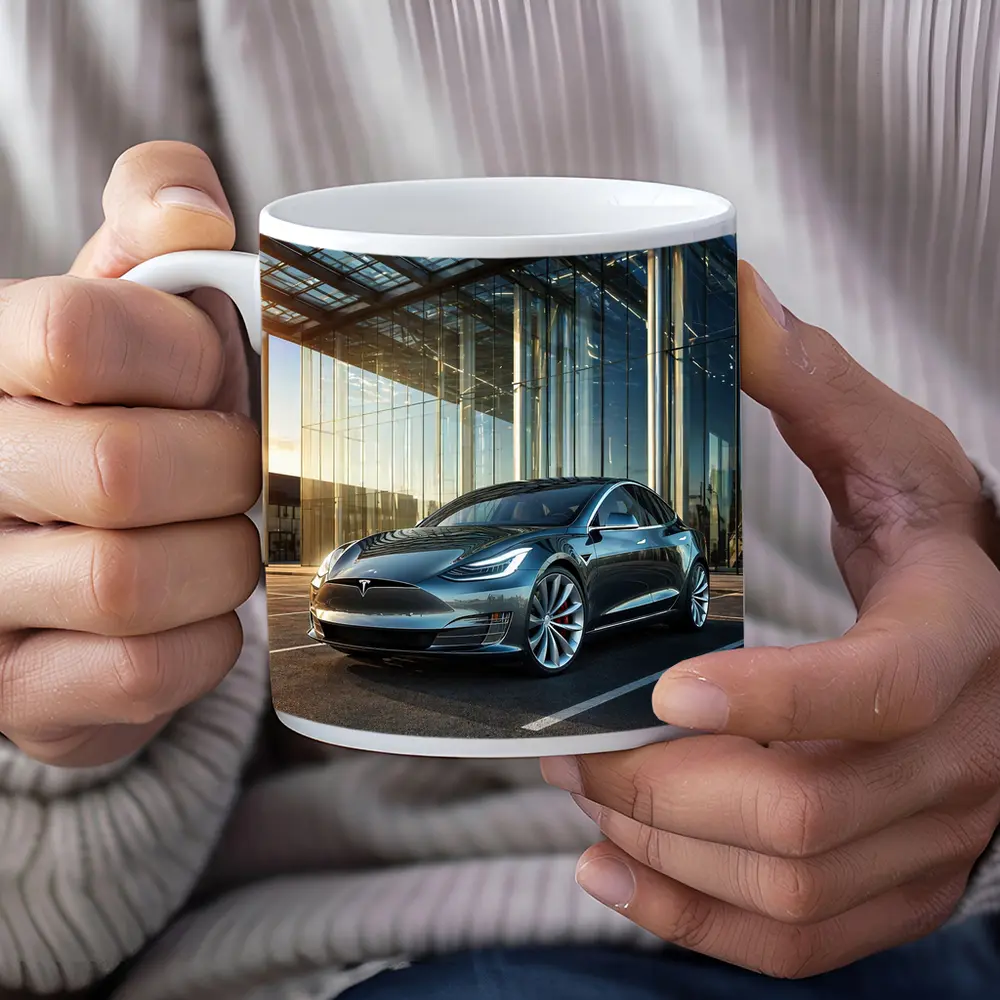 Tesla Model S Outside Glass Building – Mugs