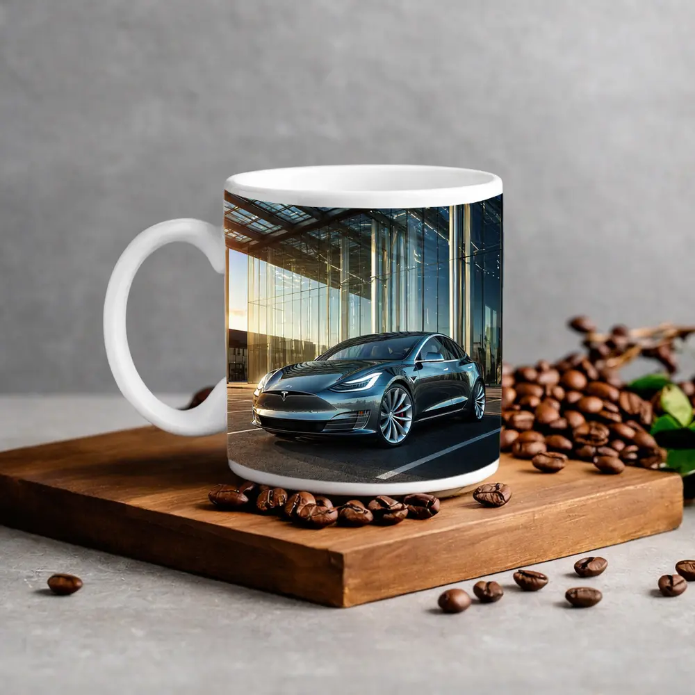 Tesla Model S Outside Glass Building – Mugs