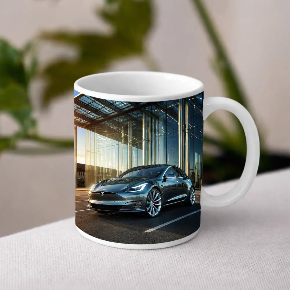 Tesla Model S Outside Glass Building – Mugs